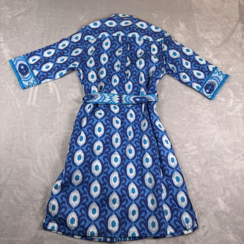 Bella Tu Blue Ikat Cotton Button Front Shirt Dress XS 3/4 Sleeve Belted - Picture 7 of 7